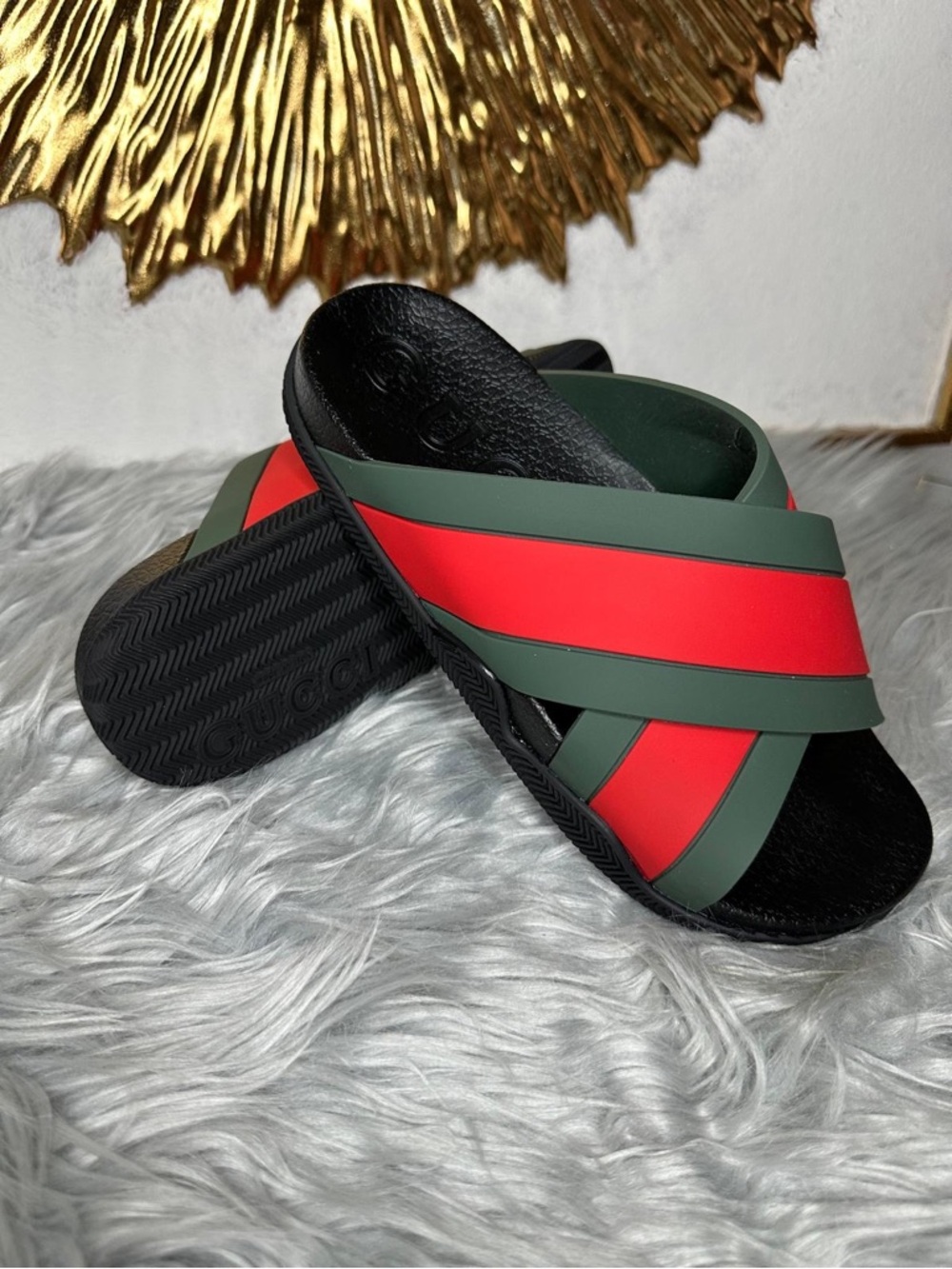 Gucci Green and Red Crisscross Slide Sandals